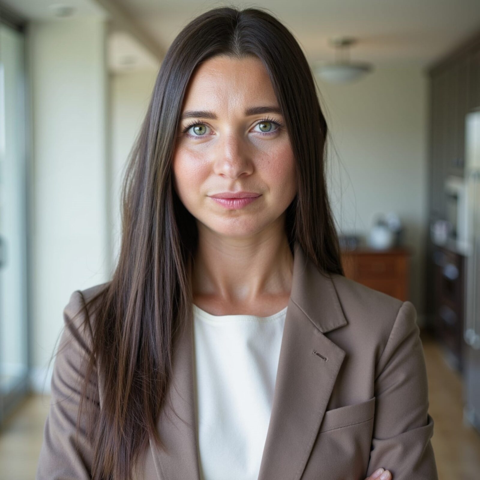 Headshot of Lison Daubigeon: She is a woman with long brown hair, green eyes, wearing a beige blazer over a white top, standing indoors with windows and living space in the background.