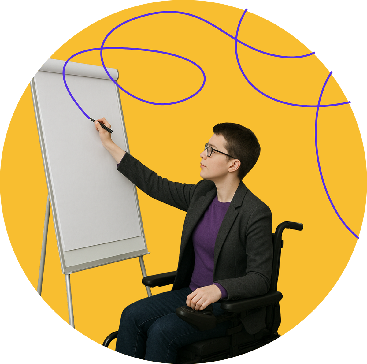 photo of a person who uses a wheelchair writing on a flip chart