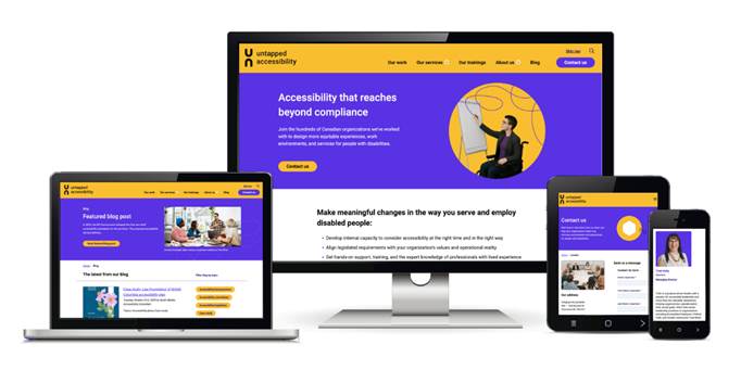 Alt text: The redesigned Untapped Accessibility website is shown across desktop, laptop, tablet, and mobile screens, highlighting improved accessibility and updated content.