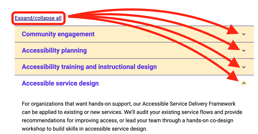 Screenshot of Untapped Accessibility website showing the functionality of the Expand/collapse all button with arrows indicating it impacts all accordions in the list.