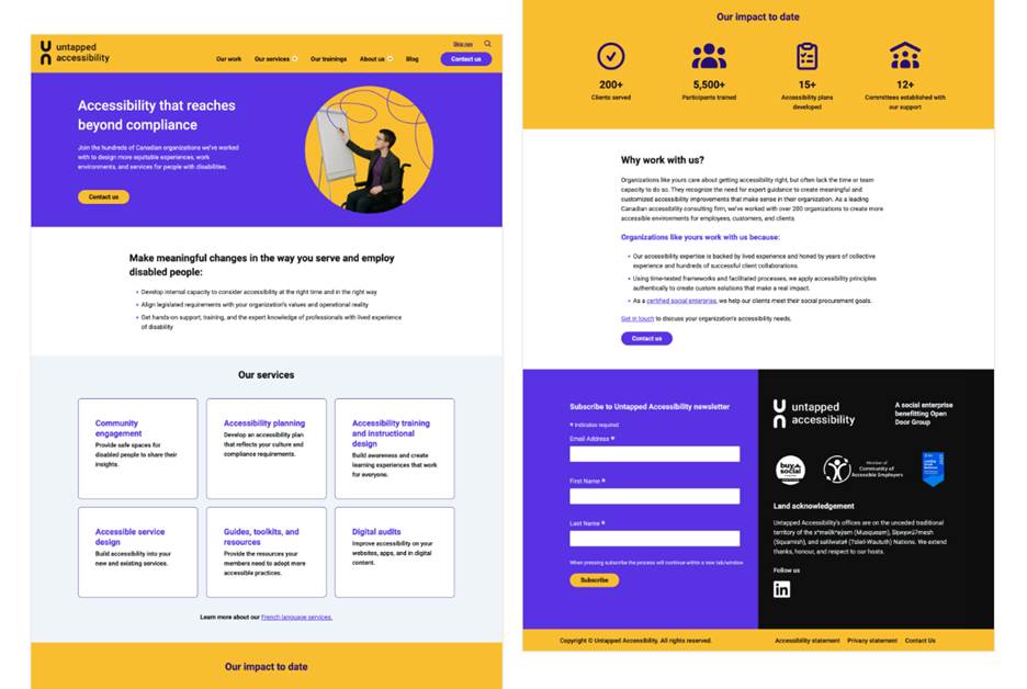 Alt text: The redesigned Untapped Accessibility home page is shown in two side-by-side views, highlighting updated content structure and accessibility-focused design.